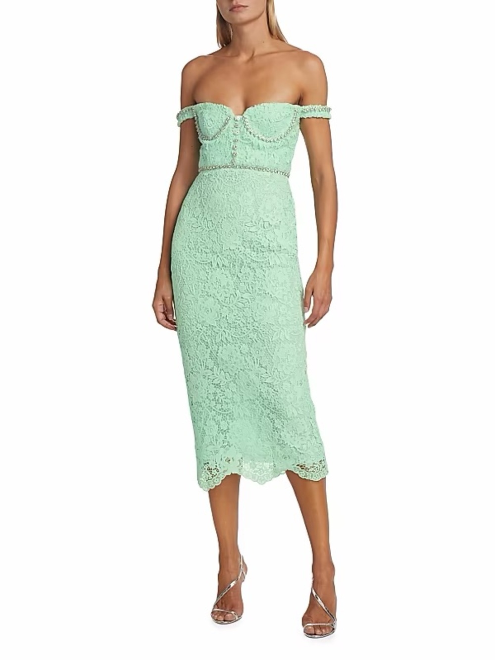 Self Portrait Off-The-Shoulder Lace Diamante Midi Dress - Green - Size US 8 NWT